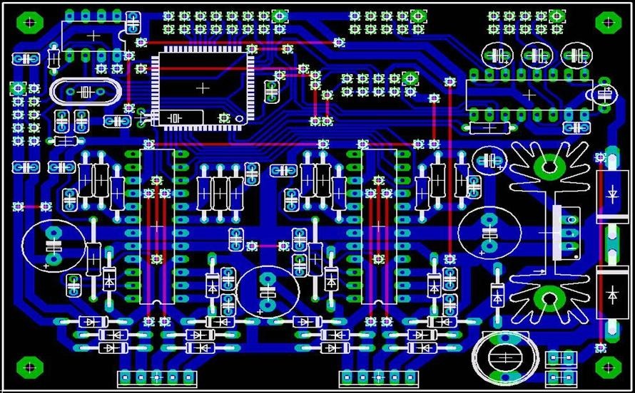Single-sided PCB showing copper traces and mounted electronic components on a circuit board