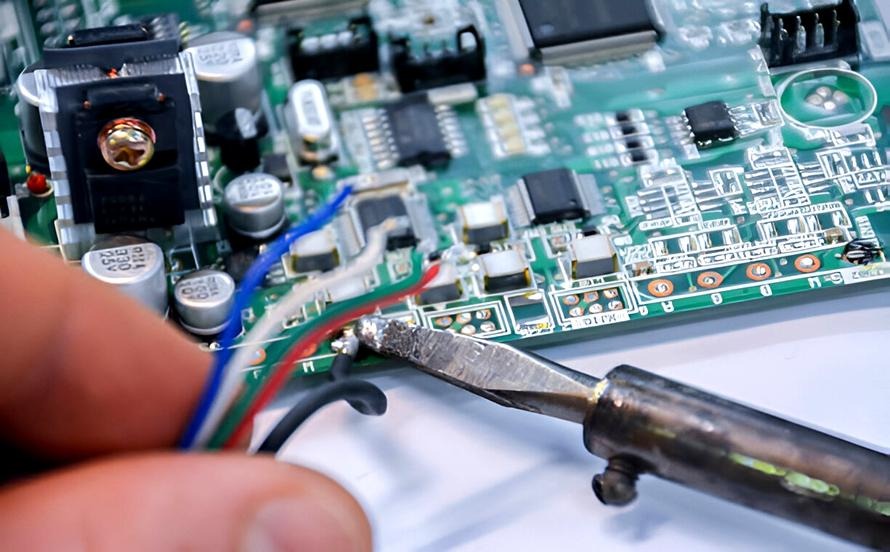 PCB troubleshooting technician inspecting printed circuit board for faults using multimeter